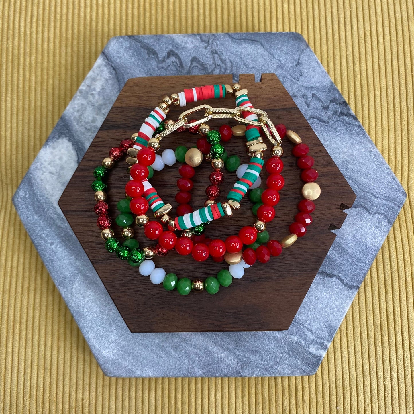 Bracelet Pack - Red and Green Clay, Bead, Gold Chain