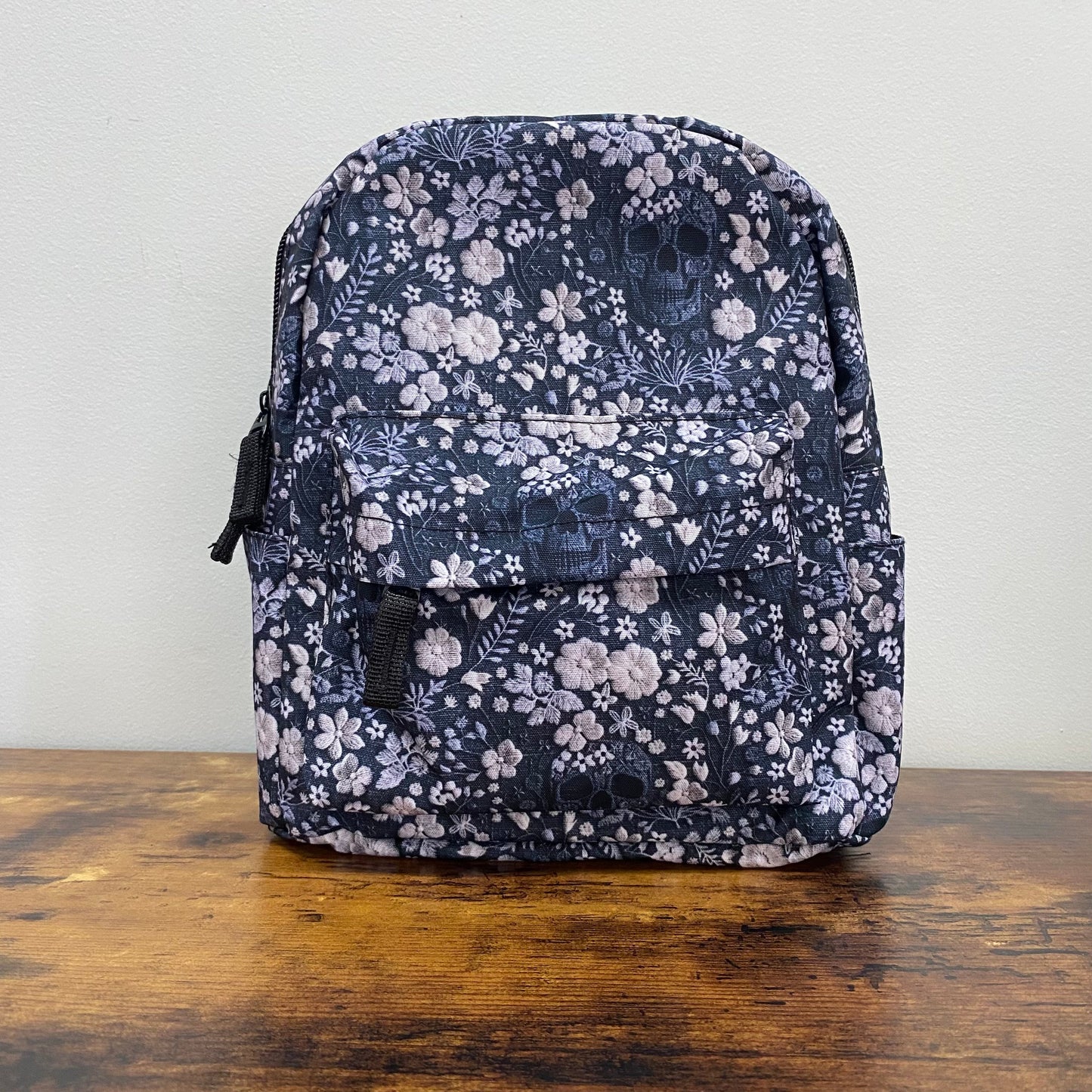 Mini Backpack - Grey Skull Floral Embroidery
