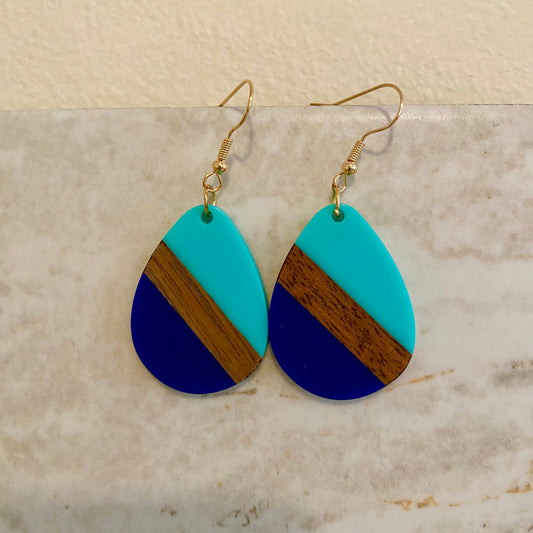 Dangle Earring - Wood & Acrylic - Aqua & Blue