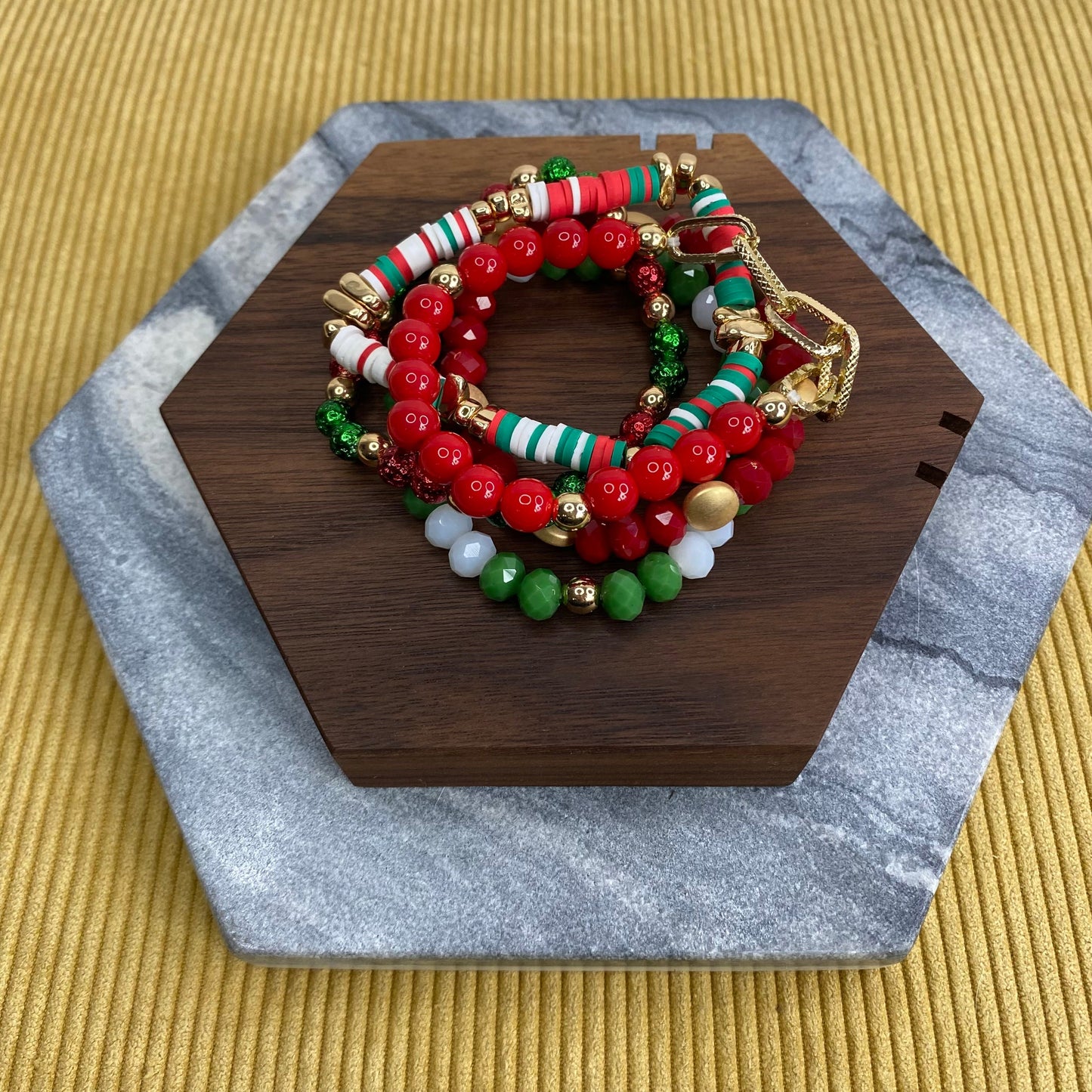 Bracelet Pack - Red and Green Clay, Bead, Gold Chain