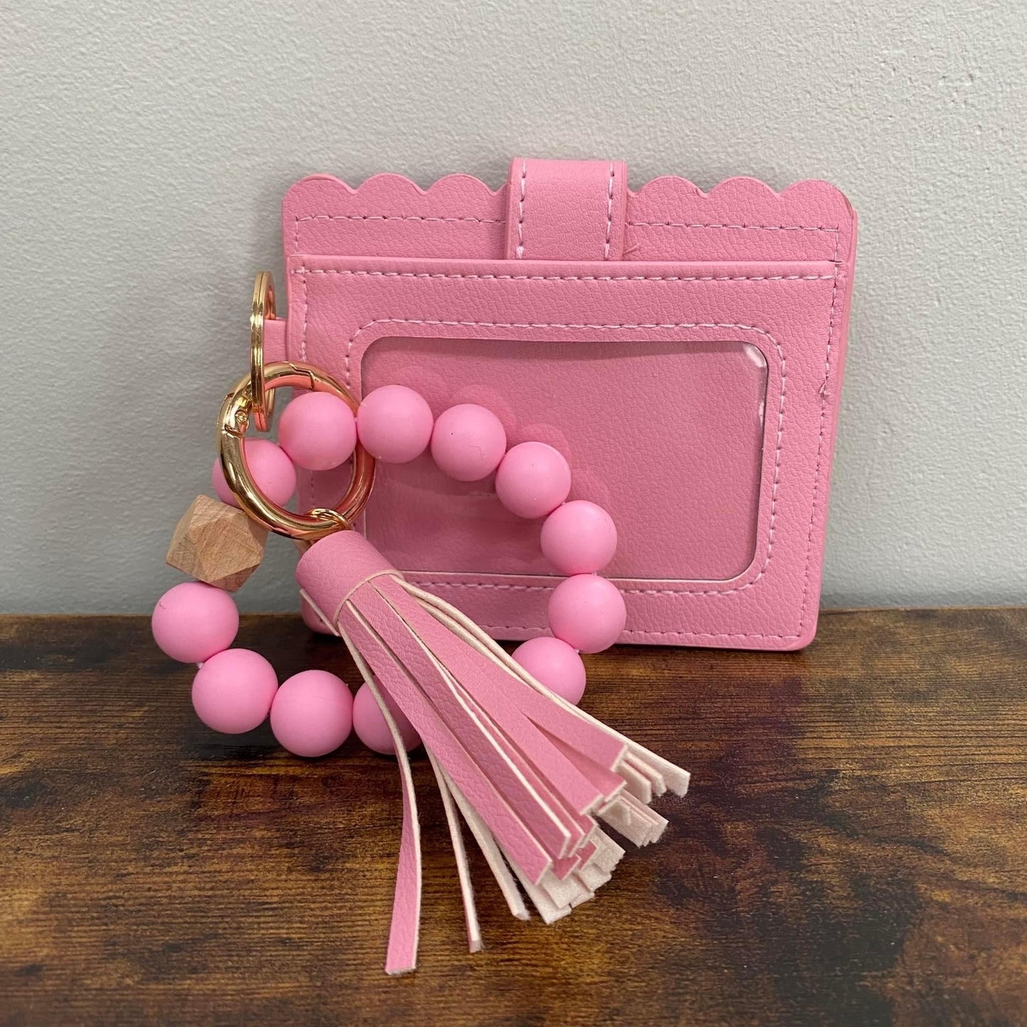 Silicone Bracelet Keychain with Scalloped Card Holder - Pink