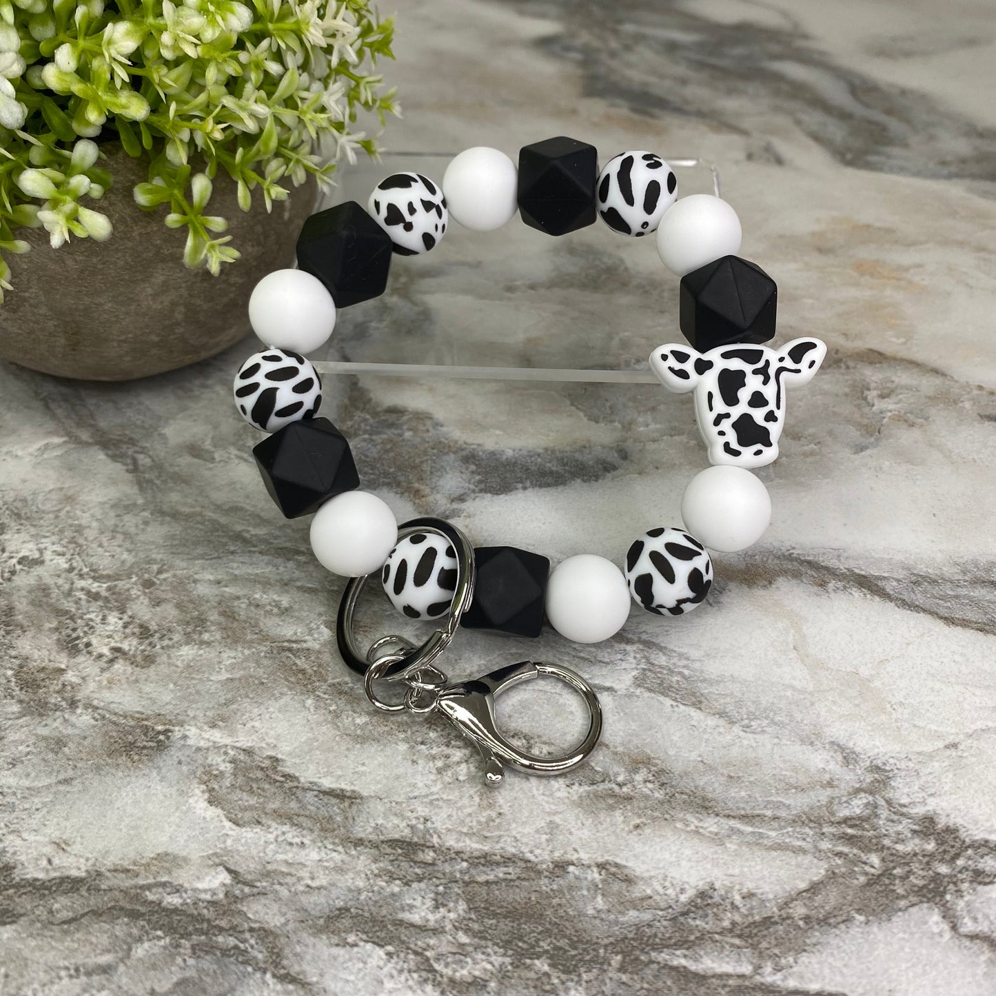 Silicone Bead Bracelet Keychain - Cow Designs