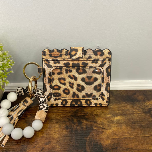 Silicone Bracelet Keychain with Scalloped Card Holder - Faux Leather Animal Print