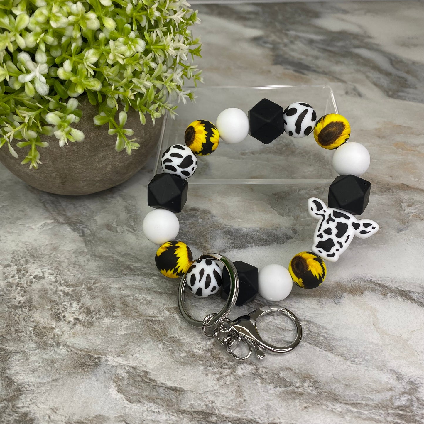 Silicone Bead Bracelet Keychain - Cow Designs