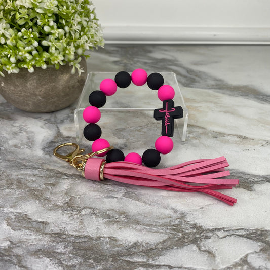 Silicone Bracelet Keychain - Jesus, Black & Pink