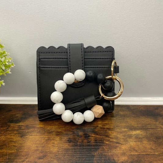 Silicone Bracelet Keychain with Scalloped Card Holder - Black
