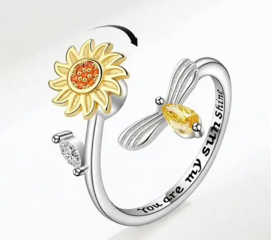 Ring - Adjustable Fidget Ring - You Are My Sunshine Sunflower Bee