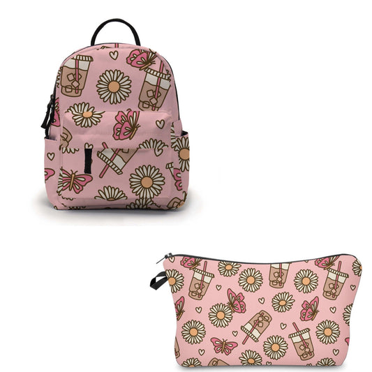 Pouch & Mini Backpack Set - Pink Iced Coffee Daisy